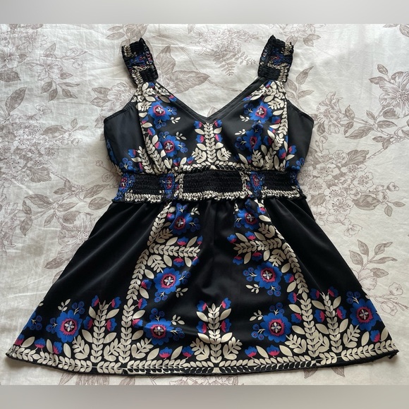 Rampage Satin Floral Shirred Babydoll Peplum Top Small Y2K Office Siren Fairy - Picture 2 of 9